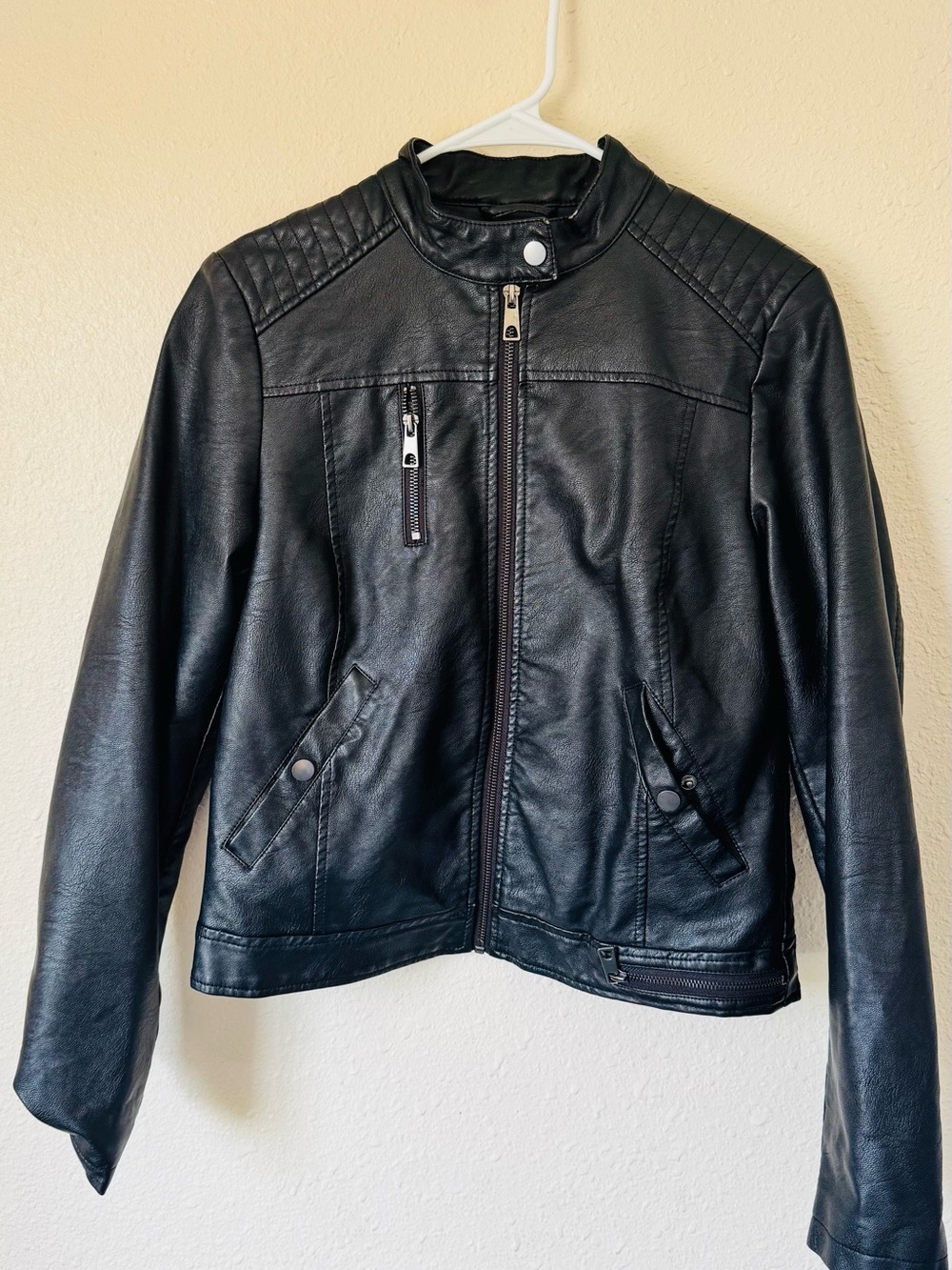 Black Faux Leather Bomber Jacket - Women's Classic Zip Front